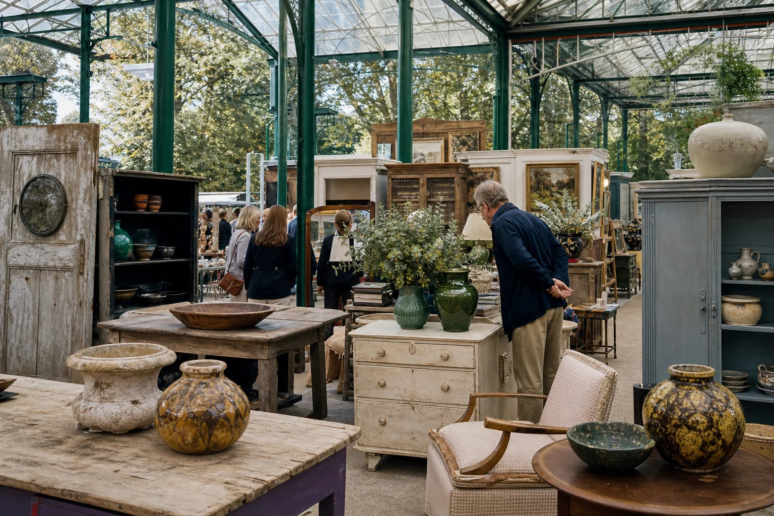 shoppers browsing antique and vintage market stalls at The Decorative Antiques and Textiles Fair in London