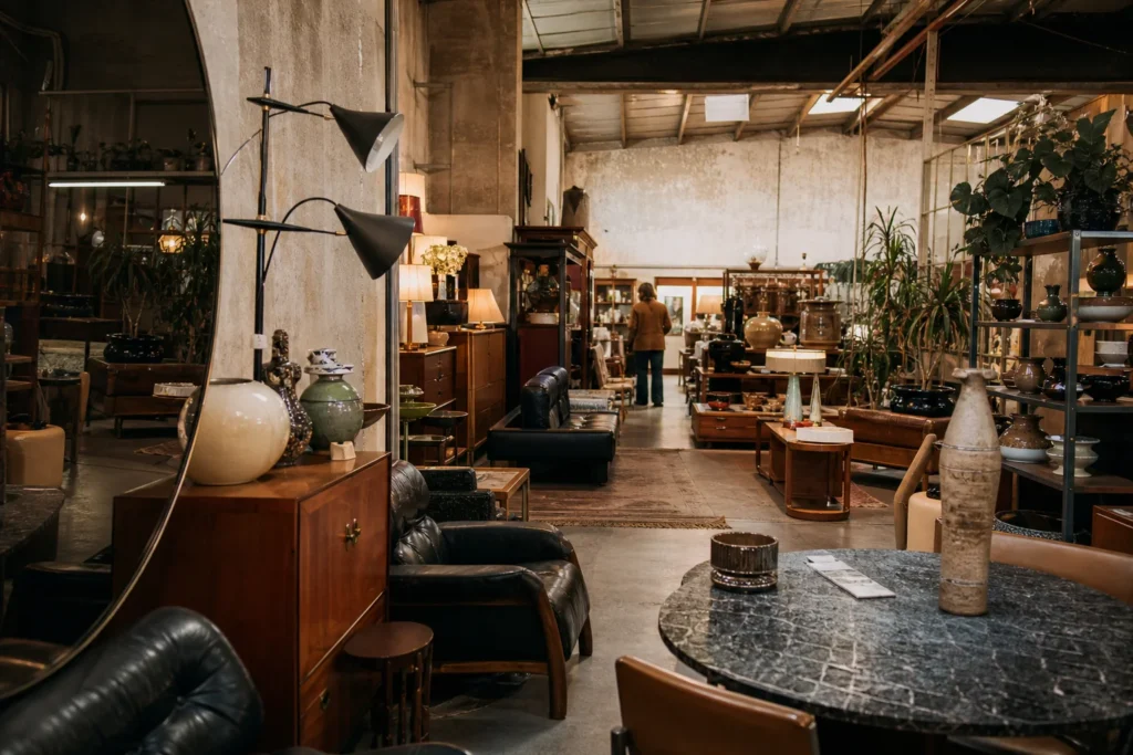 shoppers browsing antique and vintage market stalls at The Design Ark in New South Wales, Sydney