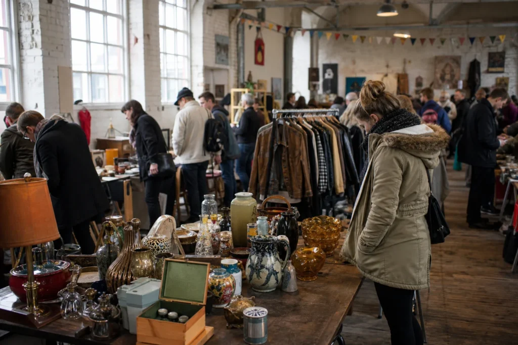 shoppers browsing antique and vintage market stalls at The Dublin Flea Market in Ireland