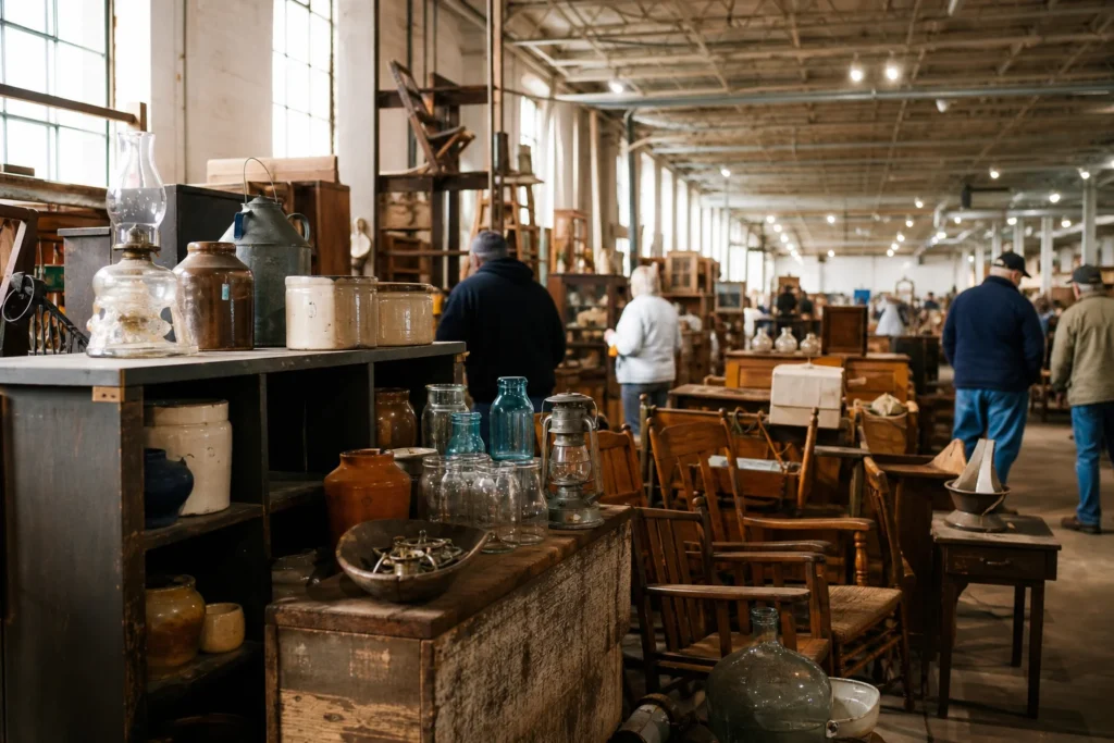 shoppers browsing antique and vintage market stalls at The Factory Antique Mall in Virginia