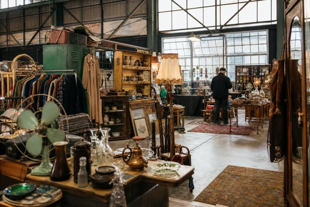 shoppers browsing antique and vintage market stalls at The Factory Antique Market in Melbourne, Victoria