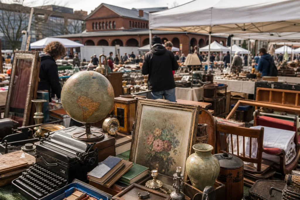 shoppers browsing antique and vintage market stalls at The Flea Market at Eastern Market in Washington, D.C.