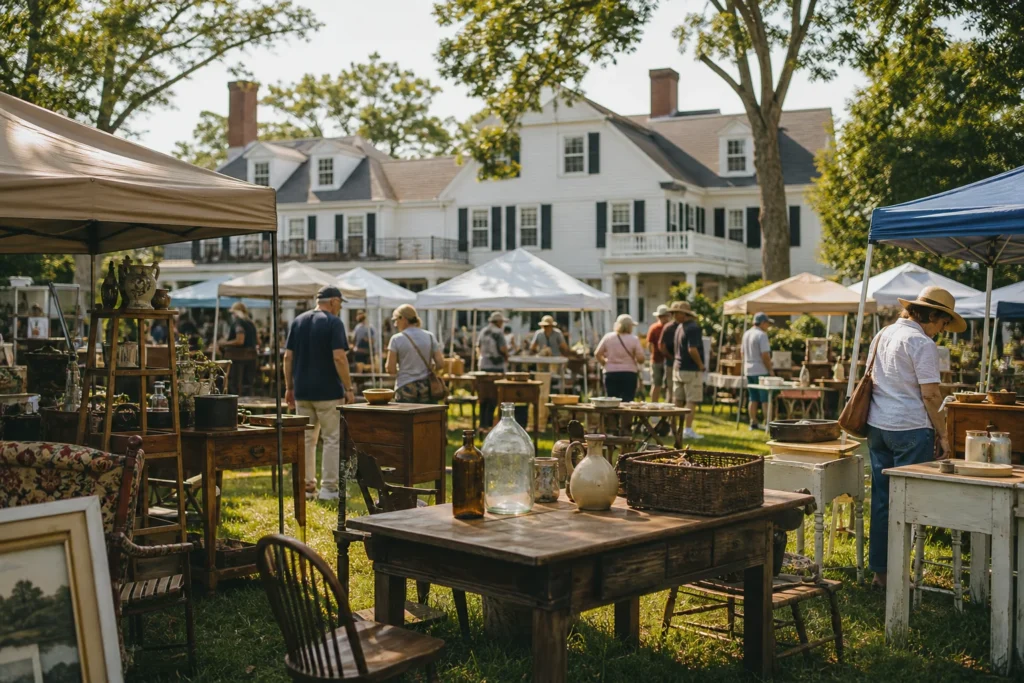 shoppers browsing antique and vintage market stalls at The General’s Market in Rhode Island