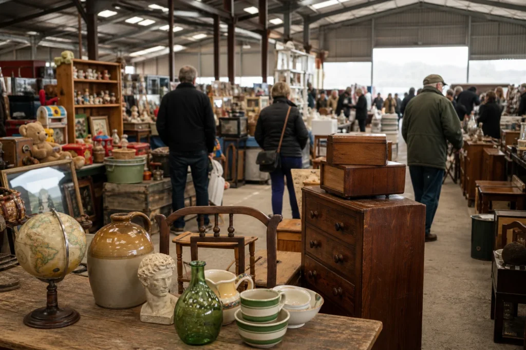 shoppers browsing antique and vintage market stalls at The Giant Shepton Flea Market in United Kingdom