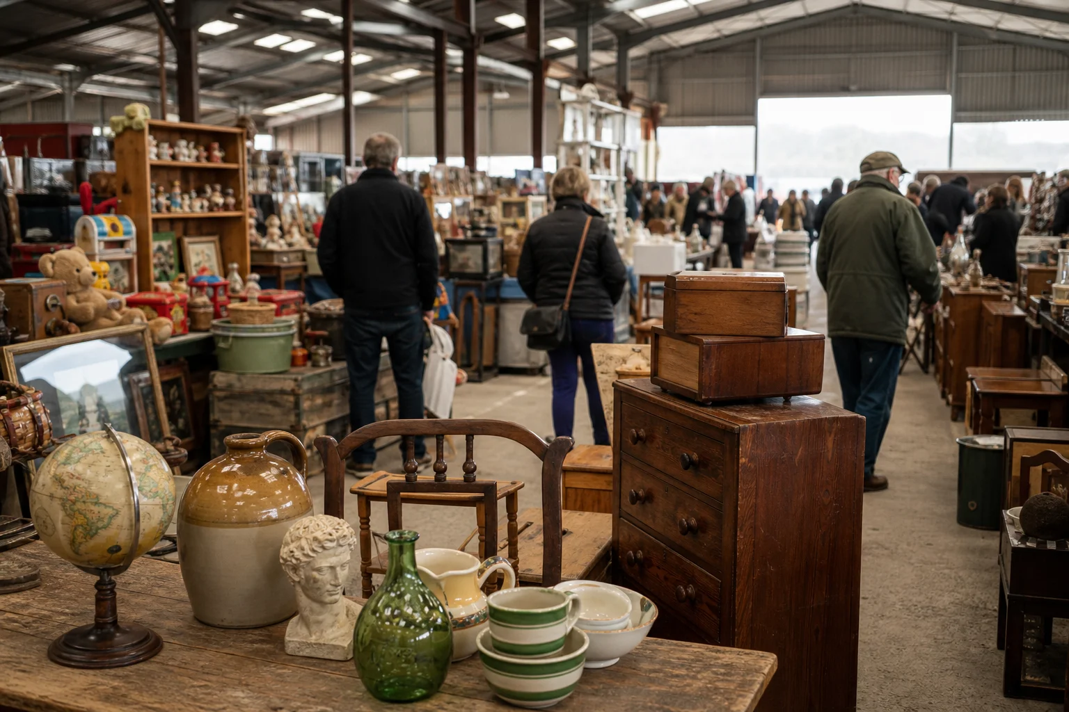 shoppers browsing antique and vintage market stalls at The Giant Shepton Flea Market in United Kingdom