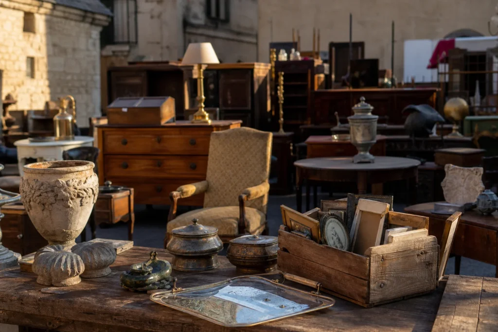 shoppers browsing antique and vintage market stalls at The Hoarde in Place Charles David, 30400 Villeneuve-lès-Avignon, France