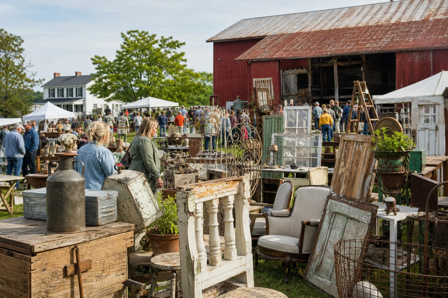 shoppers browsing antique and vintage market stalls at The Junk Ranch in Arkansas