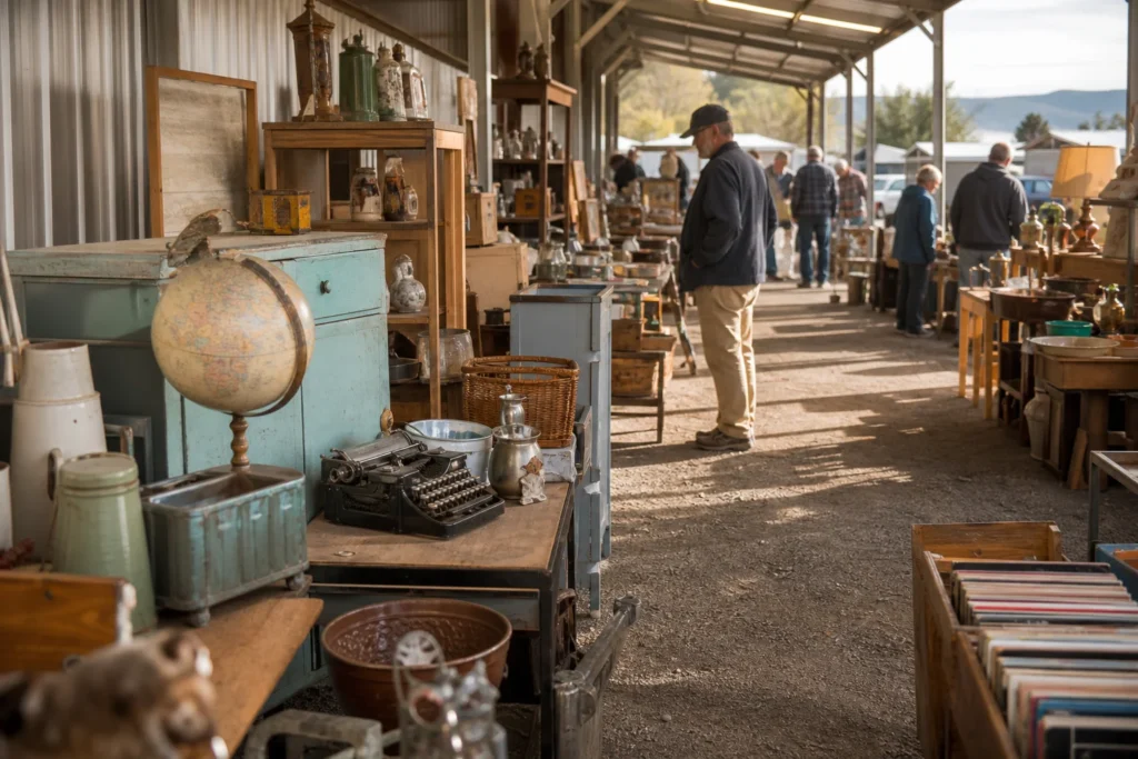 shoppers browsing antique and vintage market stalls at The Lafayette Flea in Colorado