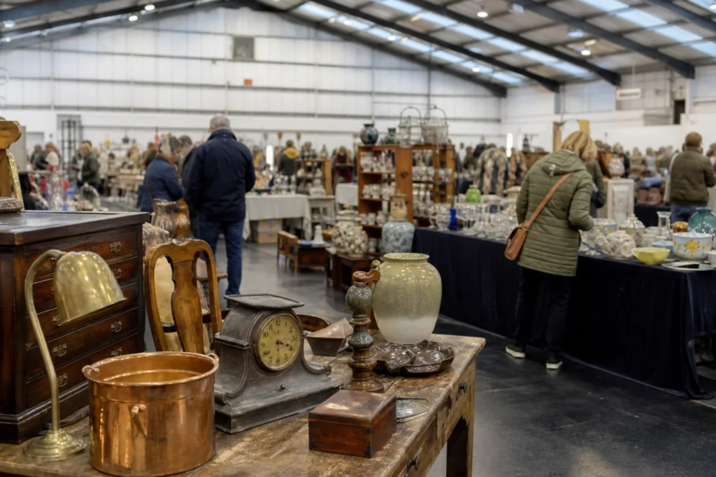 shoppers browsing antique and vintage market stalls at The Lincoln Showground Fairs in United Kingdom