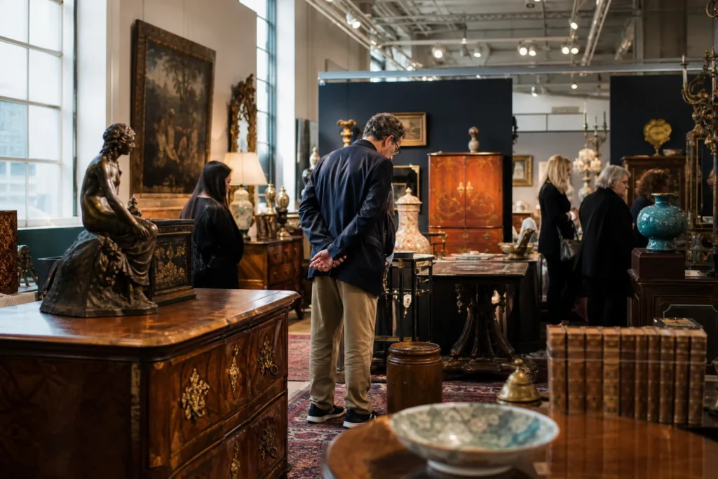 shoppers browsing antique and vintage market stalls at The Los Angeles Show in California, Los Angeles