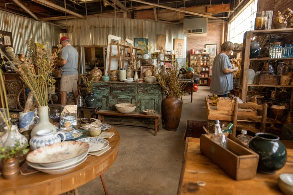 shoppers browsing antique and vintage market stalls at The Lucky Rabbit in Mississippi