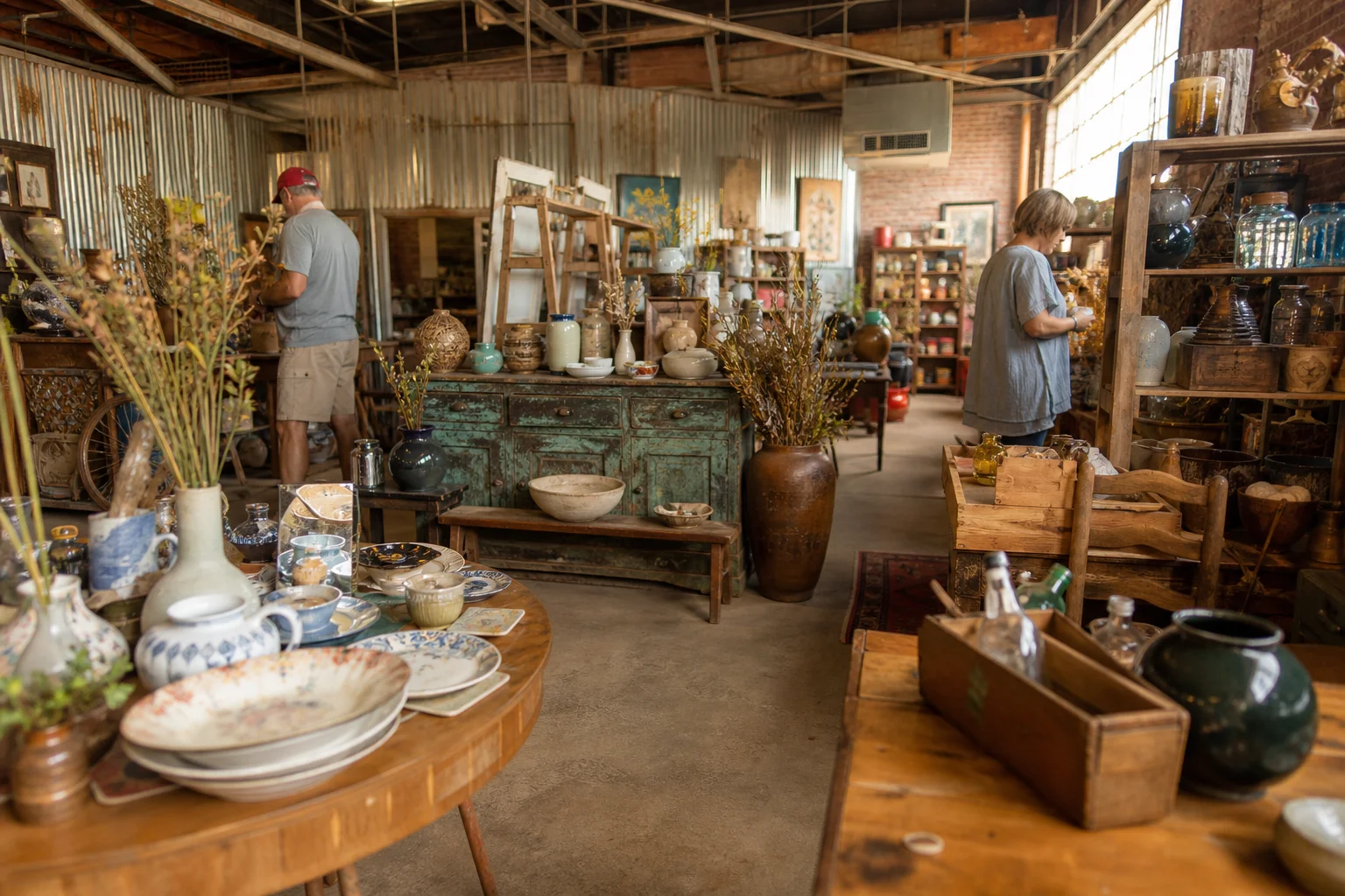 shoppers browsing antique and vintage market stalls at The Lucky Rabbit in Mississippi