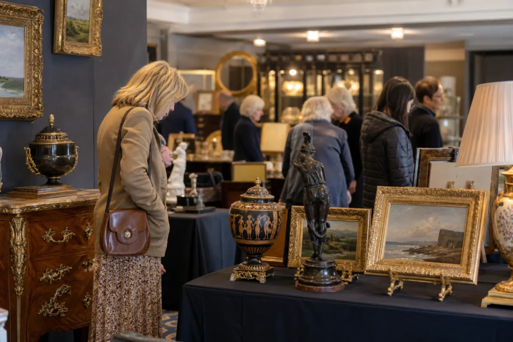shoppers browsing antique and vintage market stalls at The Mayfair Antiques & Fine Art Fair in London