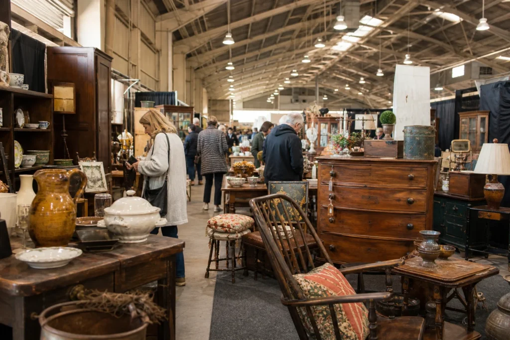 shoppers browsing antique and vintage market stalls at The Nashville Show in Tennessee