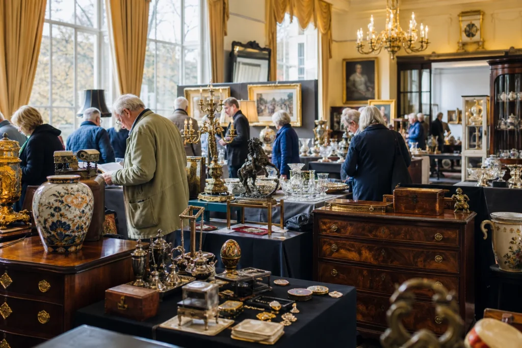 shoppers browsing antique and vintage market stalls at The Northern Antiques Fair in United Kingdom