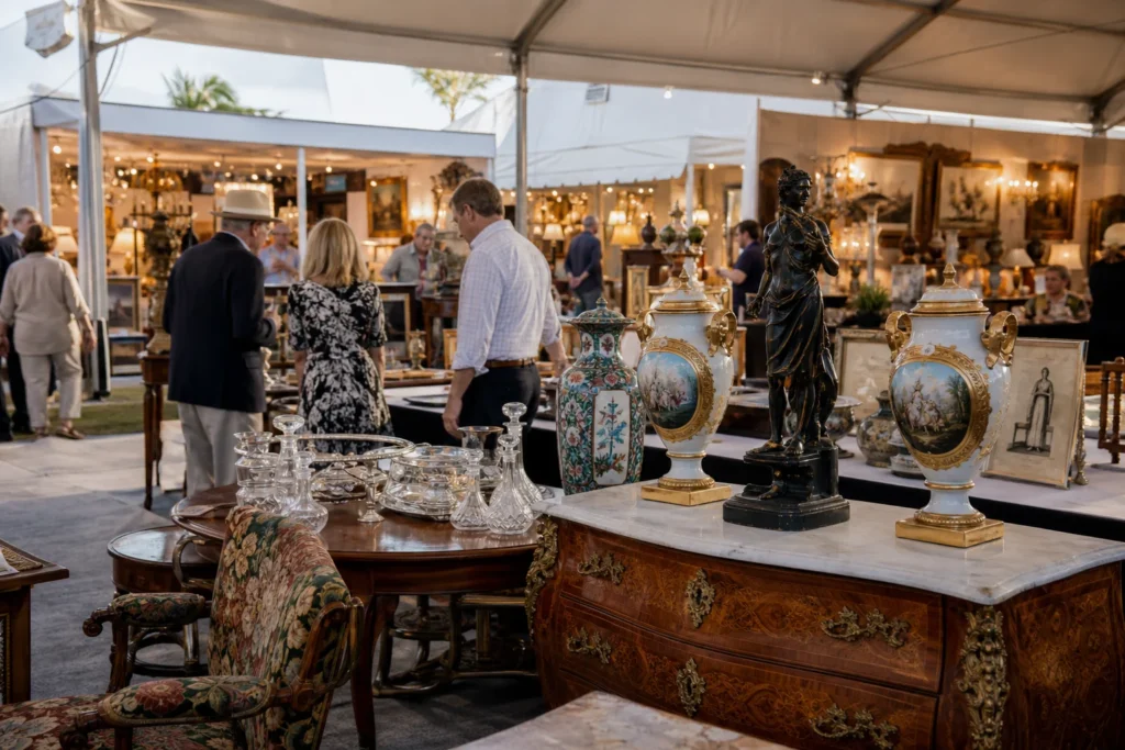shoppers browsing antique and vintage market stalls at The Palm Beach Show in Florida, Miami