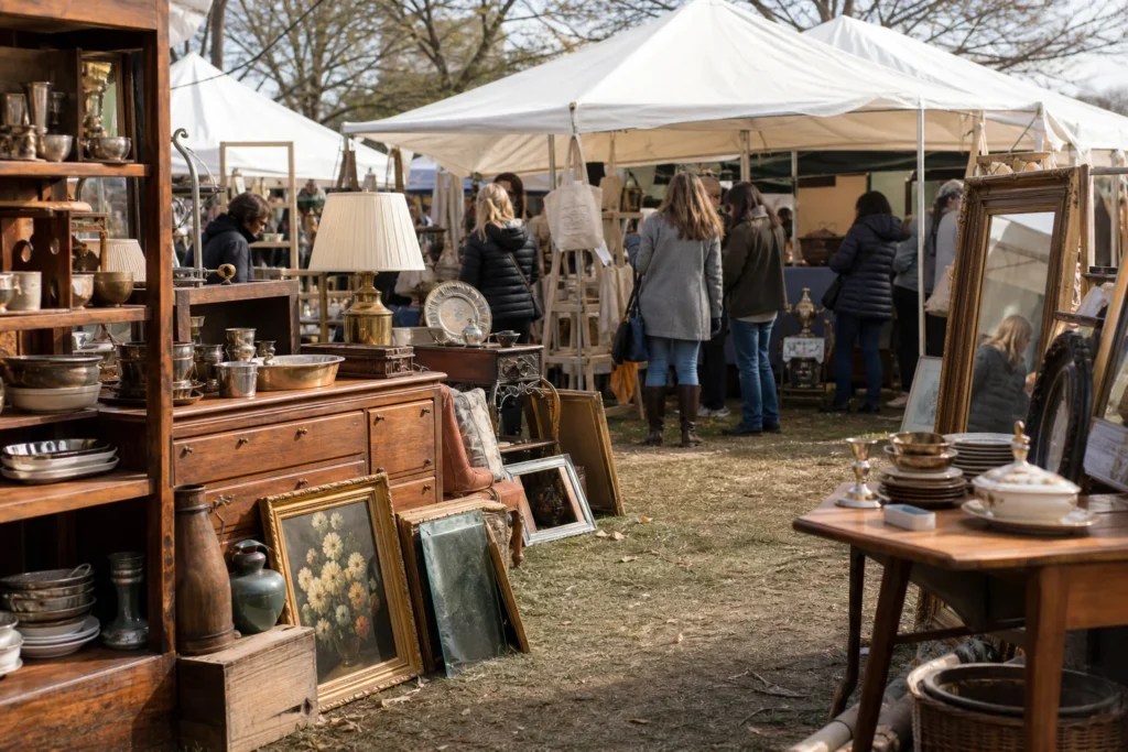 shoppers browsing antique and vintage market stalls at The pro.found Vintage Market in Massachusetts