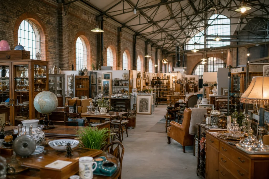shoppers browsing antique and vintage market stalls at The Pumping Station in United Kingdom