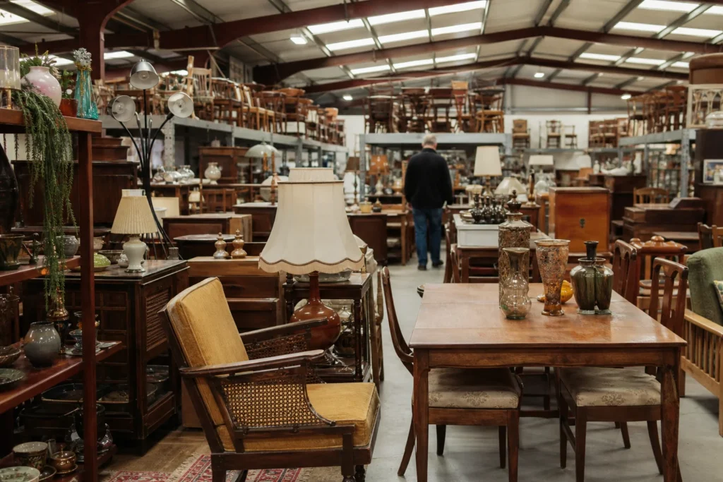 shoppers browsing antique and vintage market stalls at The Secondhand Warehouse in United Kingdom