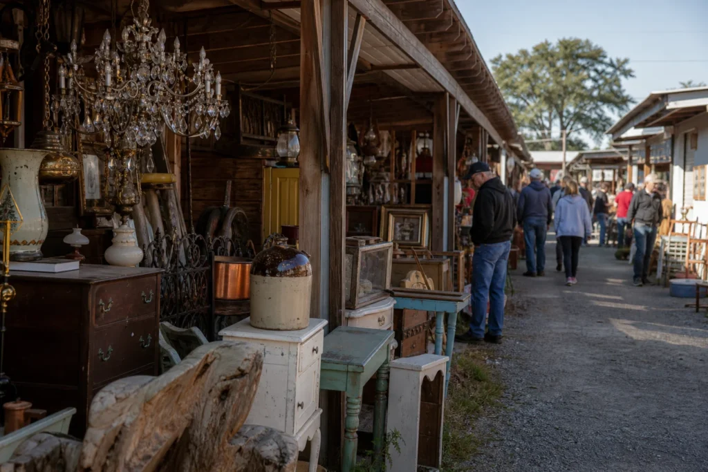 shoppers browsing antique and vintage market stalls at The Stubborn Dutchman Antiques and Flea Market in Pennsylvania