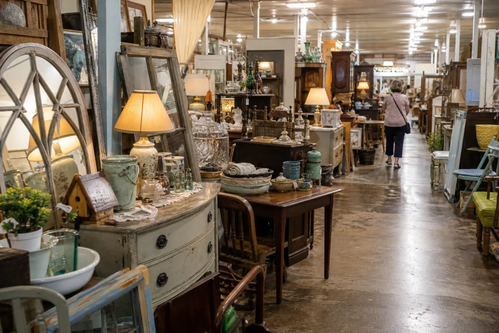 shoppers browsing antique and vintage market stalls at The Village Antique and Home Decor Mall in Tennessee