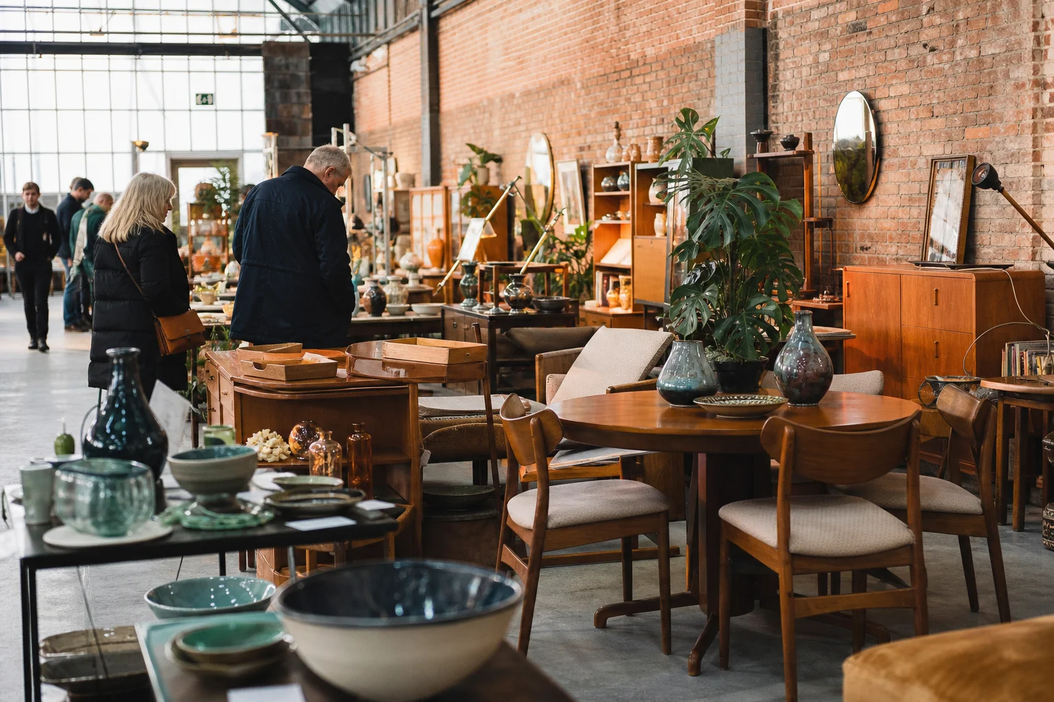 shoppers browsing antique and vintage market stalls at The Vintage Home Show Leeds in United Kingdom