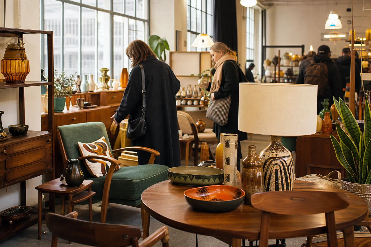 shoppers browsing antique and vintage market stalls at The Vintage Home Show London