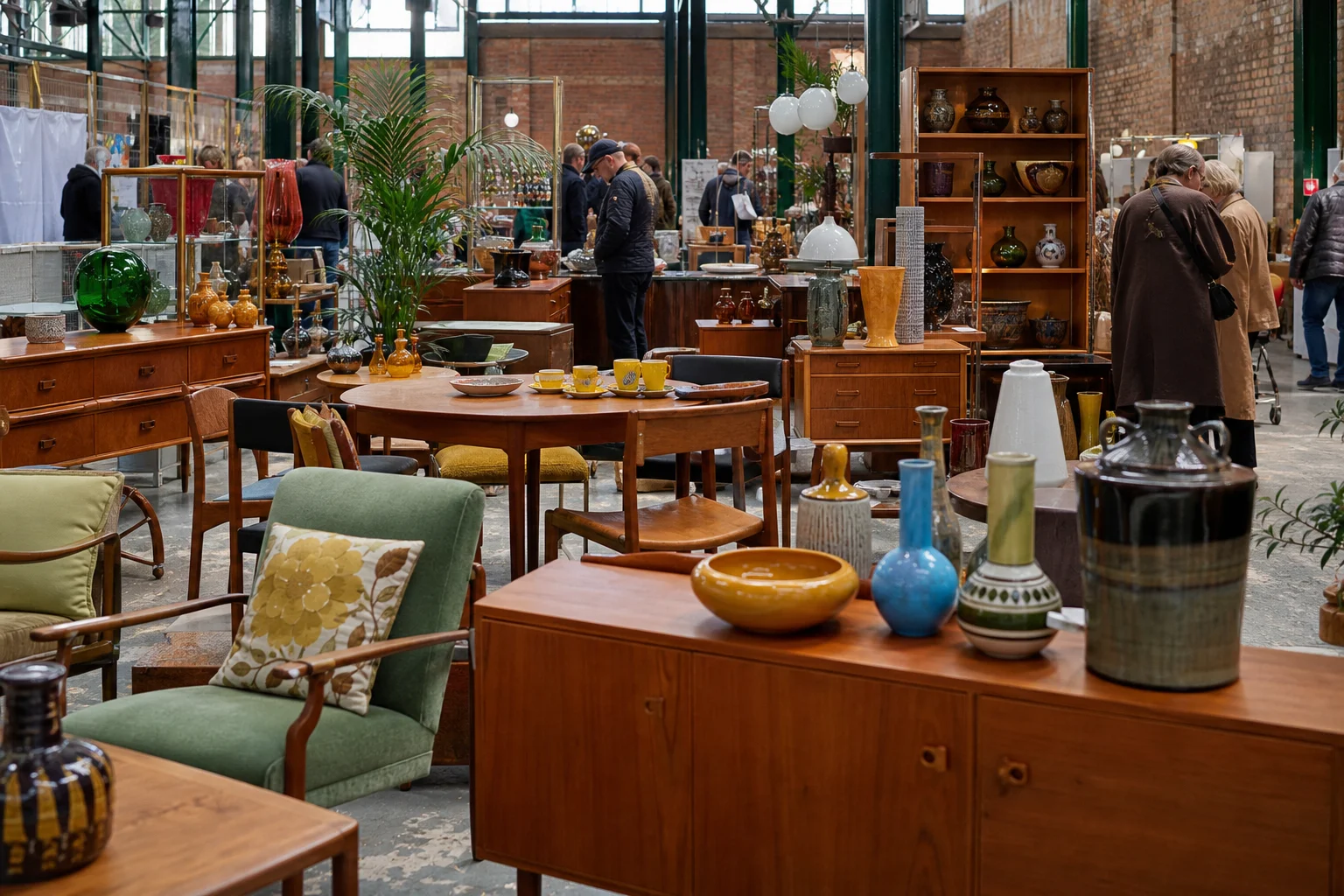 shoppers browsing antique and vintage market stalls at The Vintage Home Show Manchester in United Kingdom