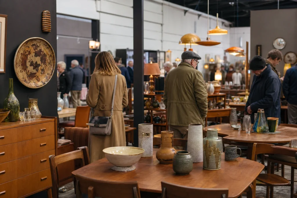 shoppers browsing antique and vintage market stalls at The Vintage Home Show Midlands in United Kingdom