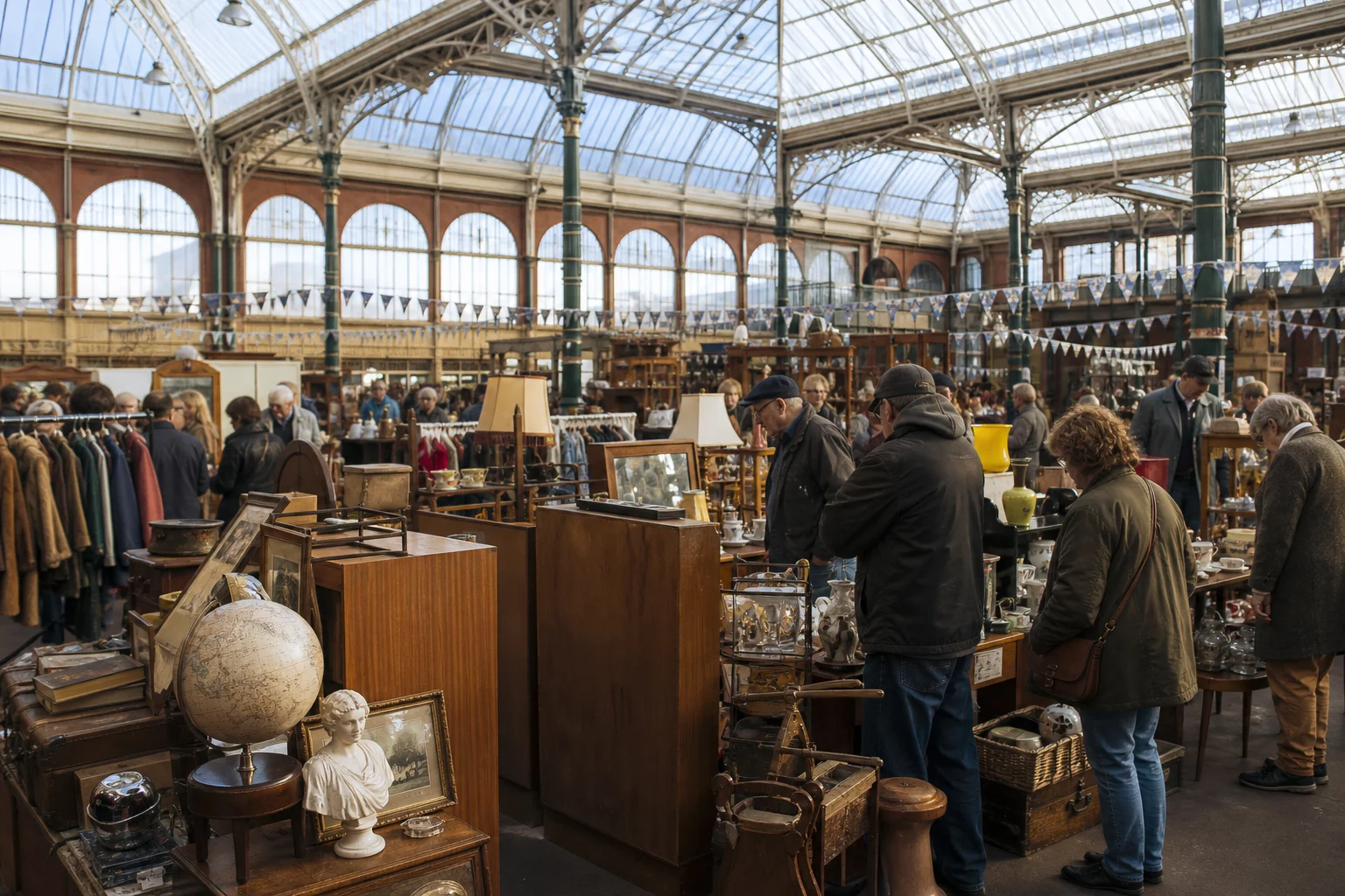shoppers browsing antique and vintage market stalls at The Vintage Village in United Kingdom