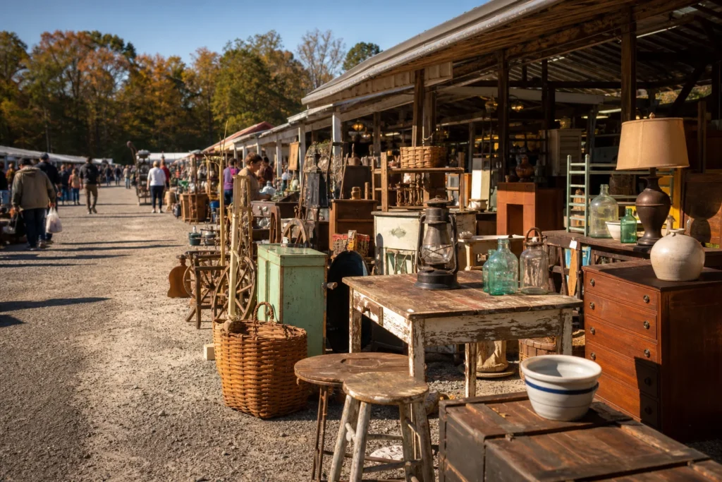 shoppers browsing antique and vintage market stalls at The Virginia Bazaar