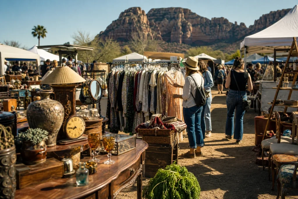 shoppers browsing antique and vintage market stalls at Thieves Market in Arizona