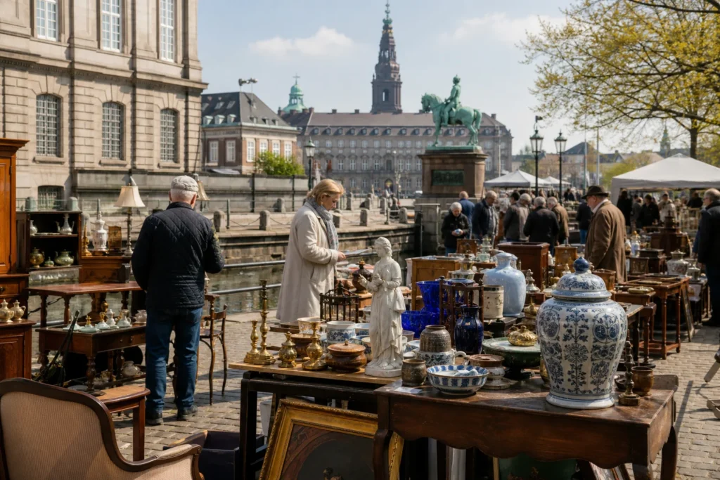 shoppers browsing antique and vintage market stalls at Thorvaldsens Plads Antikmarked in Copenhagen