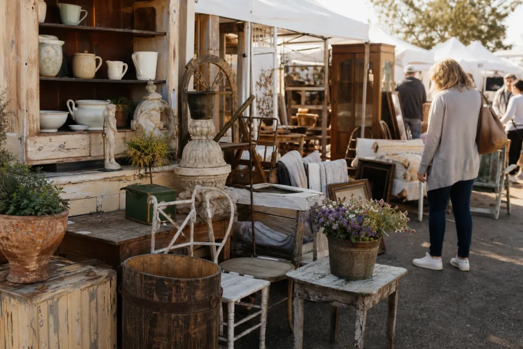 shoppers browsing antique and vintage market stalls at Three Speckled Hens in California