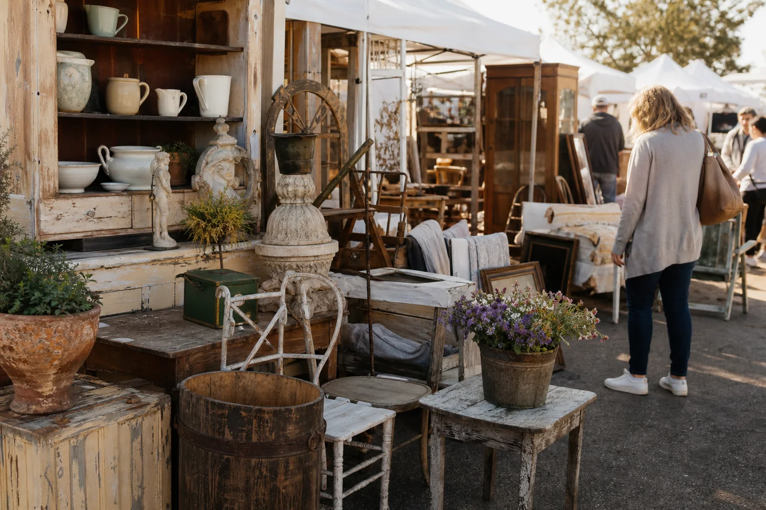 shoppers browsing antique and vintage market stalls at Three Speckled Hens in California