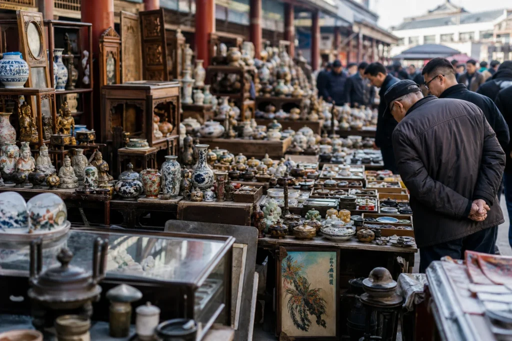 shoppers browsing antique and vintage market stalls at Tianjin Antique Market in China