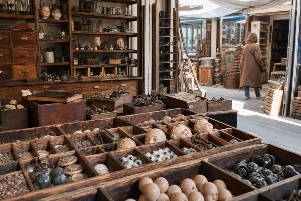 shoppers browsing antique and vintage market stalls at Tombées du Camion in Paris