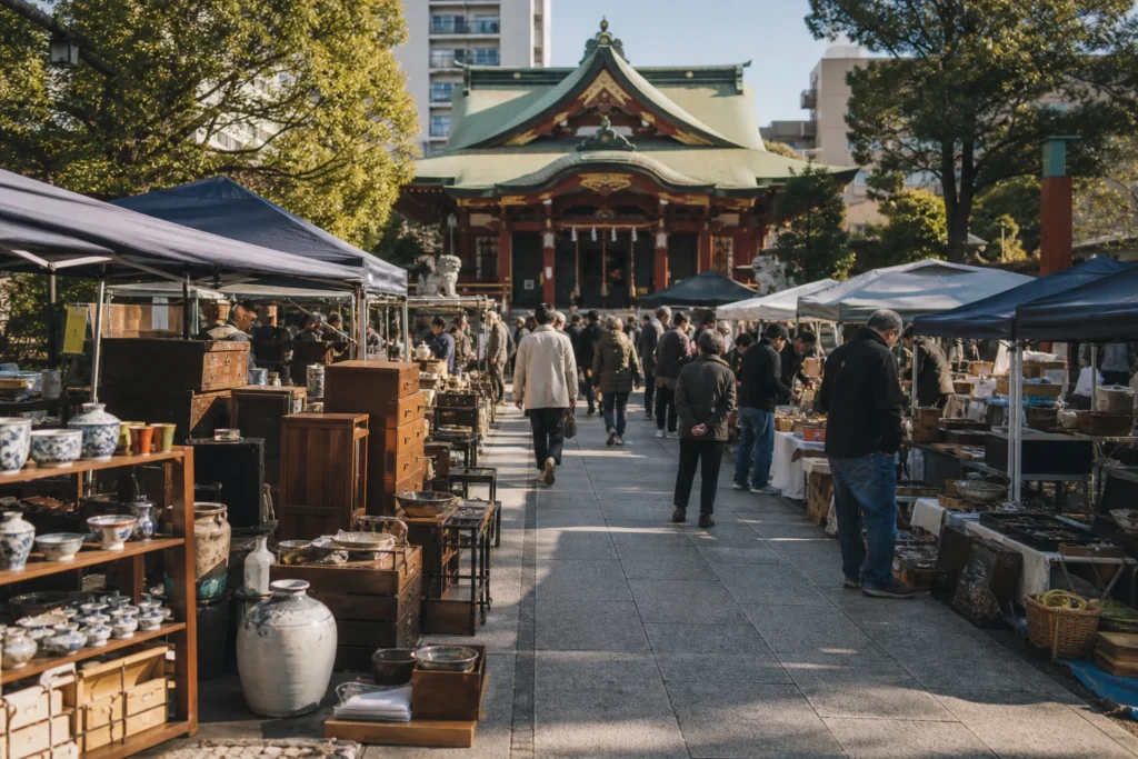 shoppers browsing antique and vintage market stalls at Tomioka Hachiman Shrine – 富岡八幡宮骨董市 in Japan, Tokyo