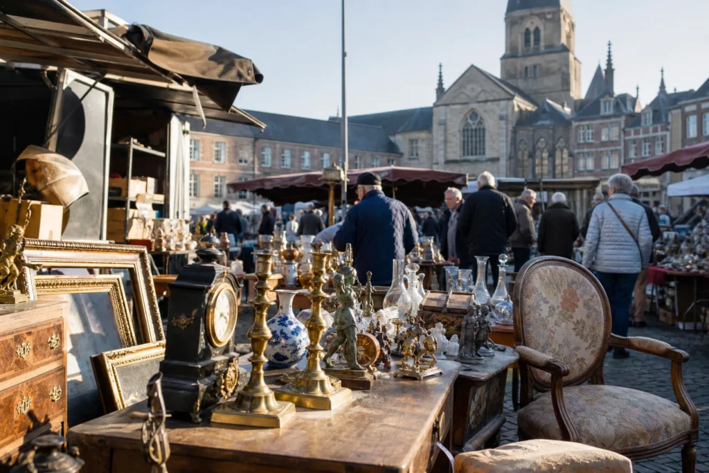 shoppers browsing antique and vintage market stalls at Tongeren Flea Market in Belgium