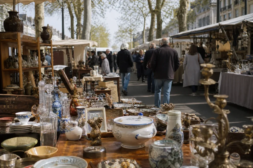 shoppers browsing antique and vintage market stalls at Tours flea market in France