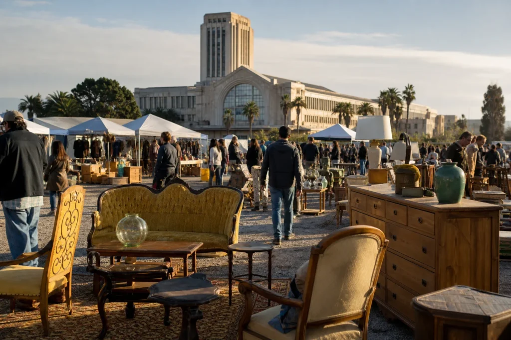 shoppers browsing antique and vintage market stalls at TreasureFest – Treasure Island Flea Market in California, San Francisco