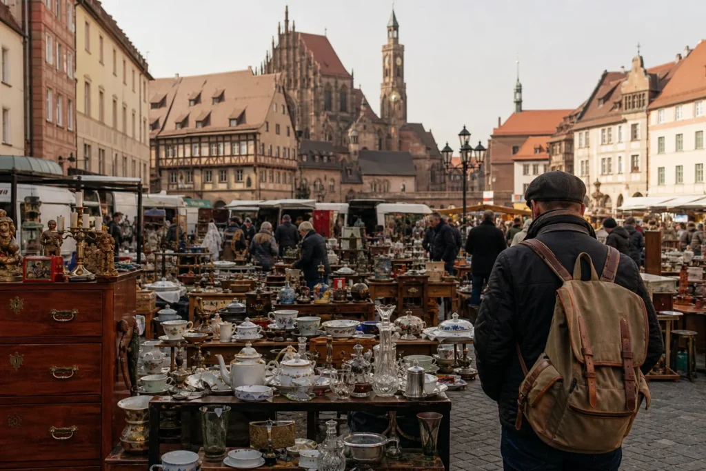 shoppers browsing antique and vintage market stalls at Trempelmarkt Nürnberg in Germany