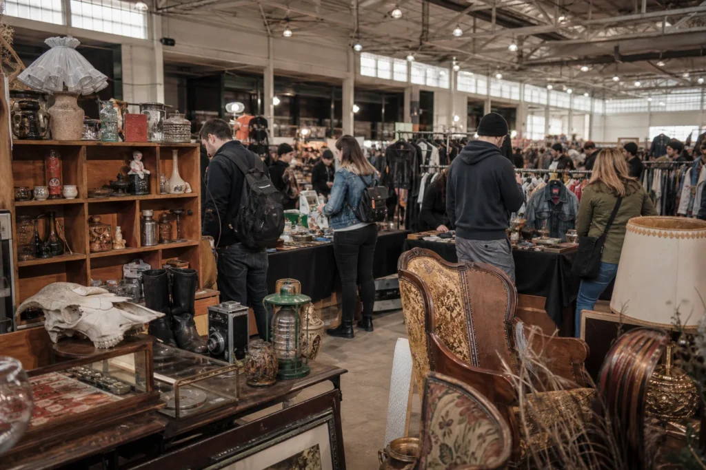 shoppers browsing antique and vintage market stalls at Trenton Punk Rock Flea Market in New Jersey