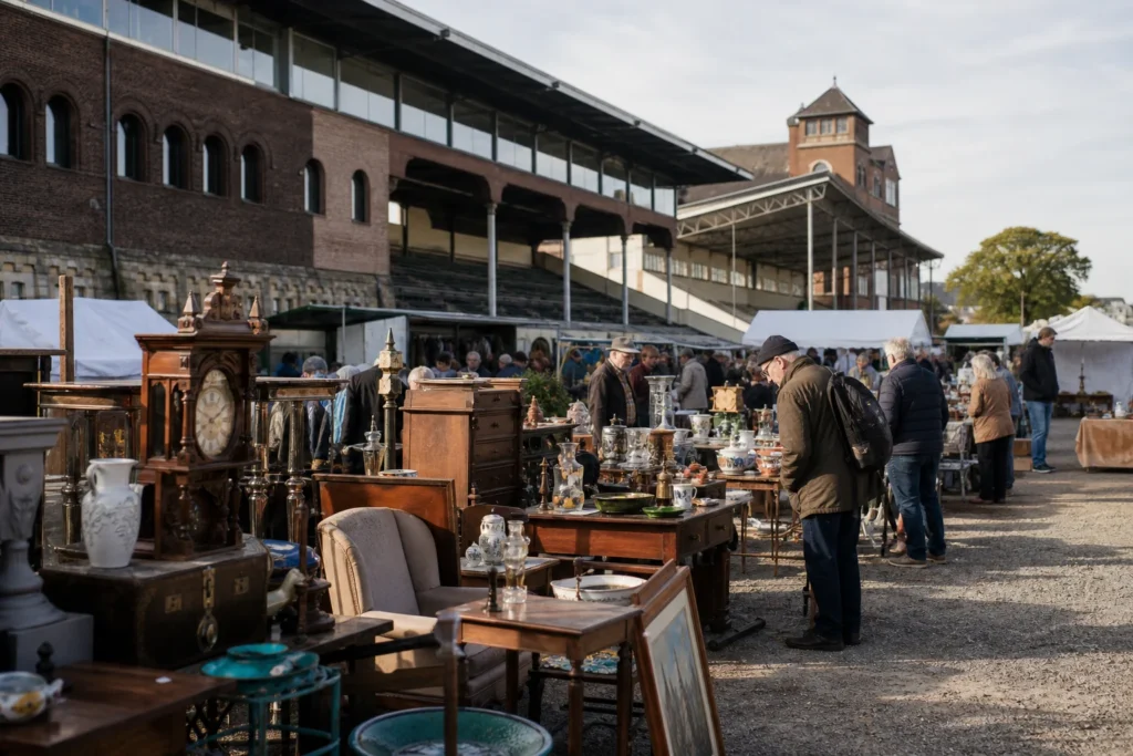 shoppers browsing antique and vintage market stalls at Trödel an der Galopprennbahn in Germany