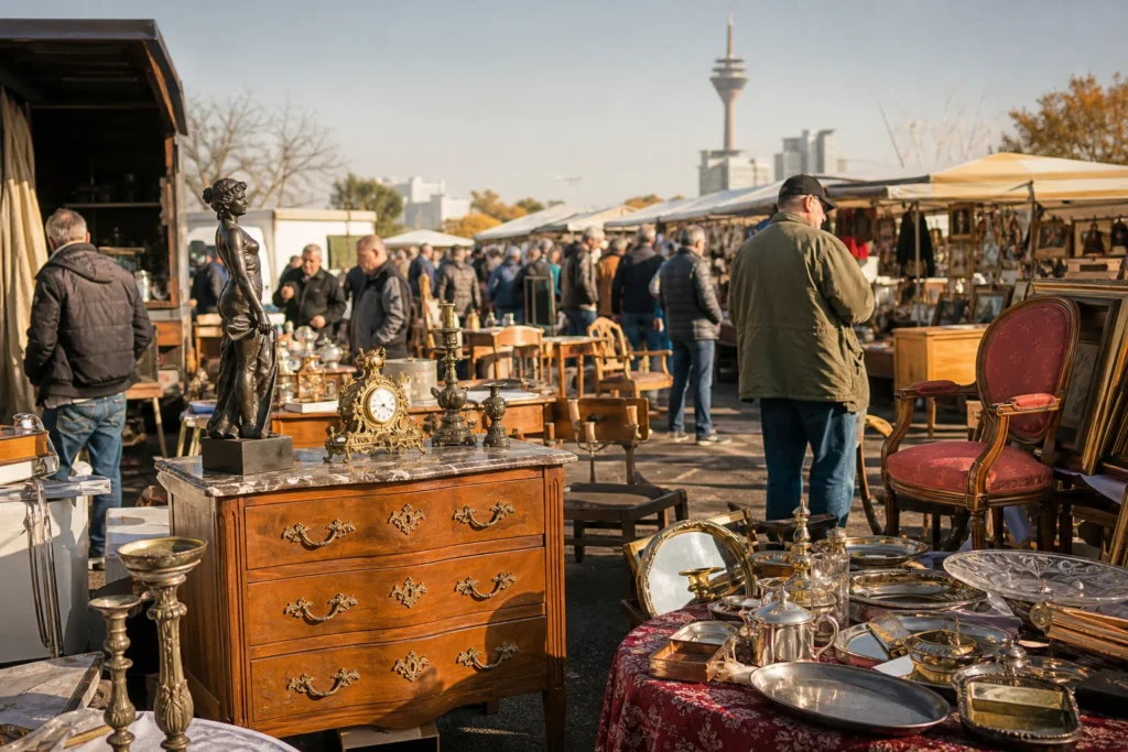 shoppers browsing antique and vintage market stalls at Trödel and Sammlermarkt Düsseldorf P1 in Germany