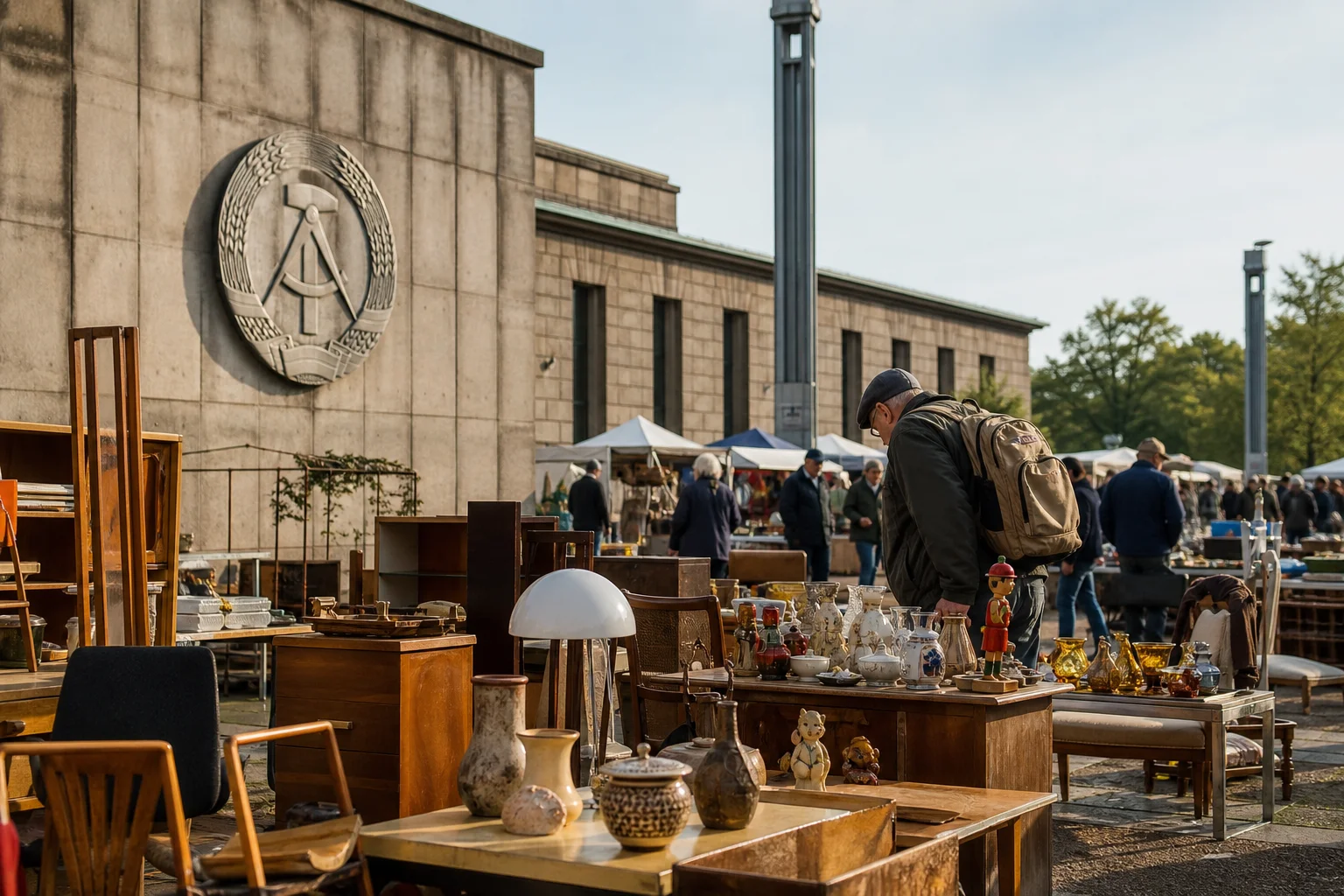 shoppers browsing antique and vintage market stalls at Trödel- & Antikmarkt Alte Messe Leipzig in Germany