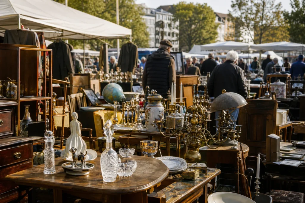 shoppers browsing antique and vintage market stalls at Trödel & Antikmarkt am Aachener Platz in Germany