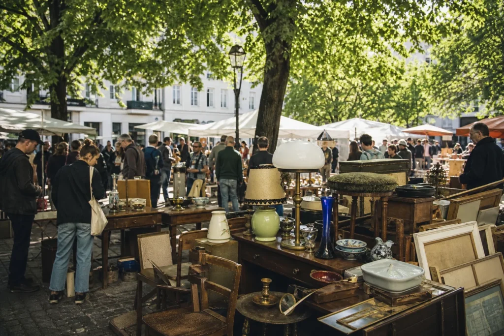 shoppers browsing antique and vintage market stalls at Trödelmarkt Arkonaplatz in Berlin, Germany