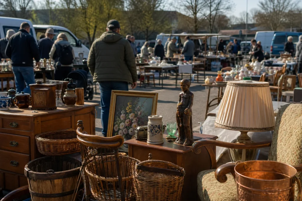 shoppers browsing antique and vintage market stalls at Trödelmarkt Dortmund auf dem Mehrzweckplatz in Germany