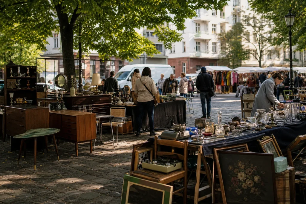 shoppers browsing antique and vintage market stalls at Trödelmarkt Marheinekeplatz in Berlin, Germany